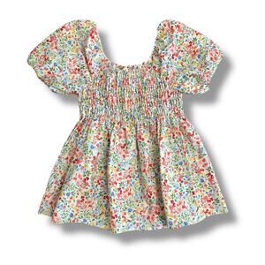 Lovely Melody Puff Sleeve Smocked Floral Top XL White Red Blue Yellow Cotton USA